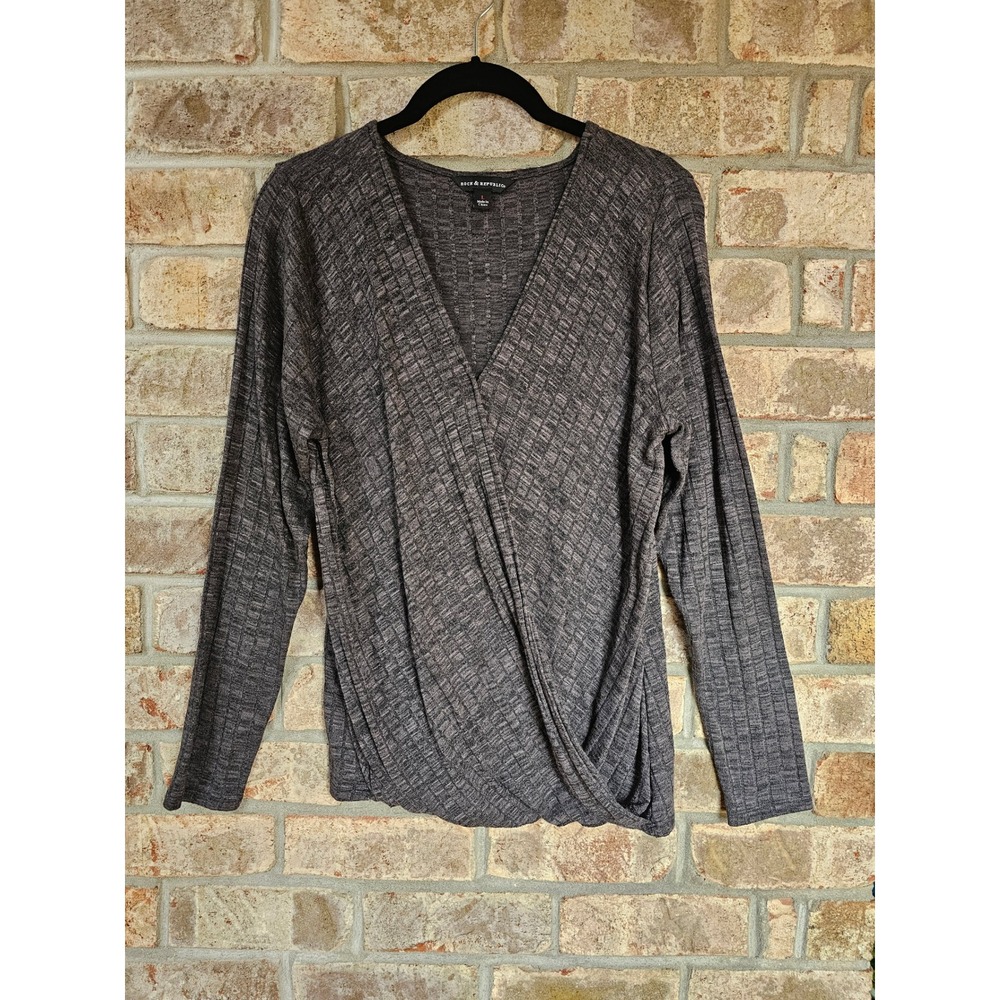 Rock and Republic Womens L Gray Marled Knit Wrap Front Long Sleeve Top Shirt EUC
